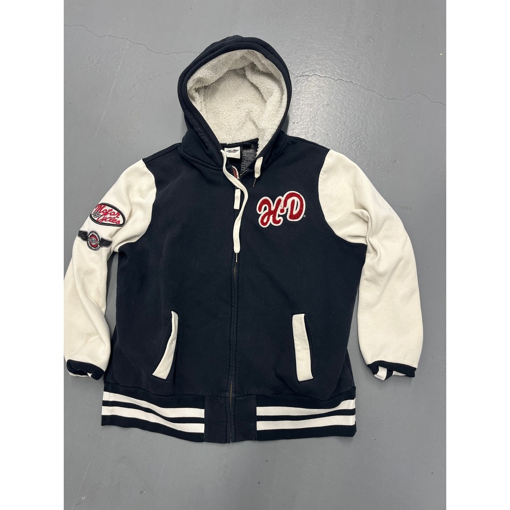 Harley-Davidson Zip Up Hoodie Sherpa Lined Varsity Jacket Black Cream Mens L